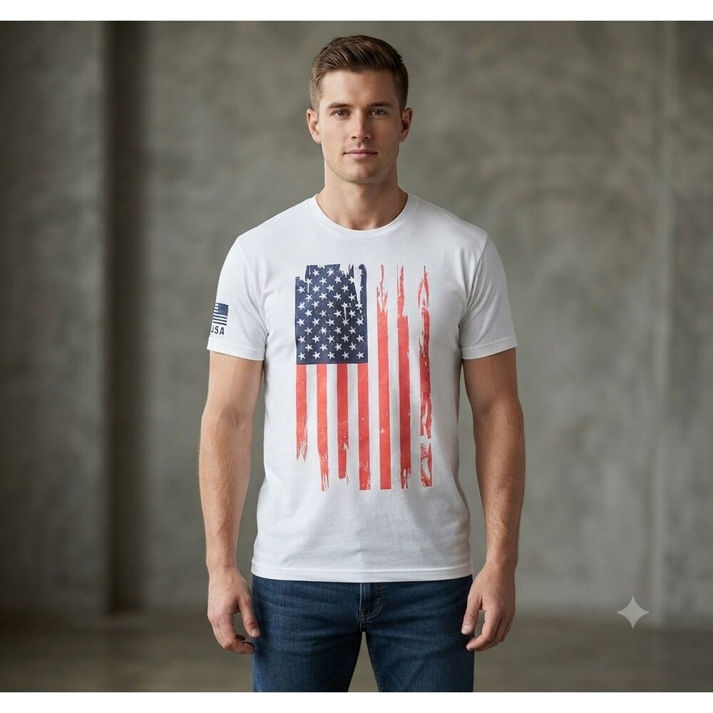 Rags of Honor Men’s L USA Made Distressed Brush Stroke US Flag T‑Shirt Patriotic